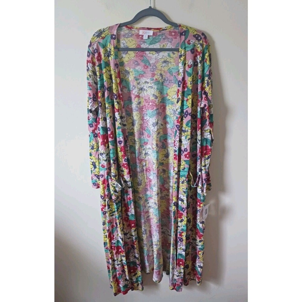 Lularoe‎ Sarah Linen Blend Long Cardigan Floral Multicolor Pockets Size L